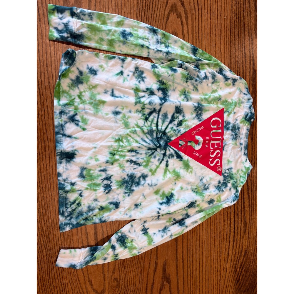 Guess Los Angeles Mens Small Long Sleeve Tie Dye Triangle Logo T-Shirt Green